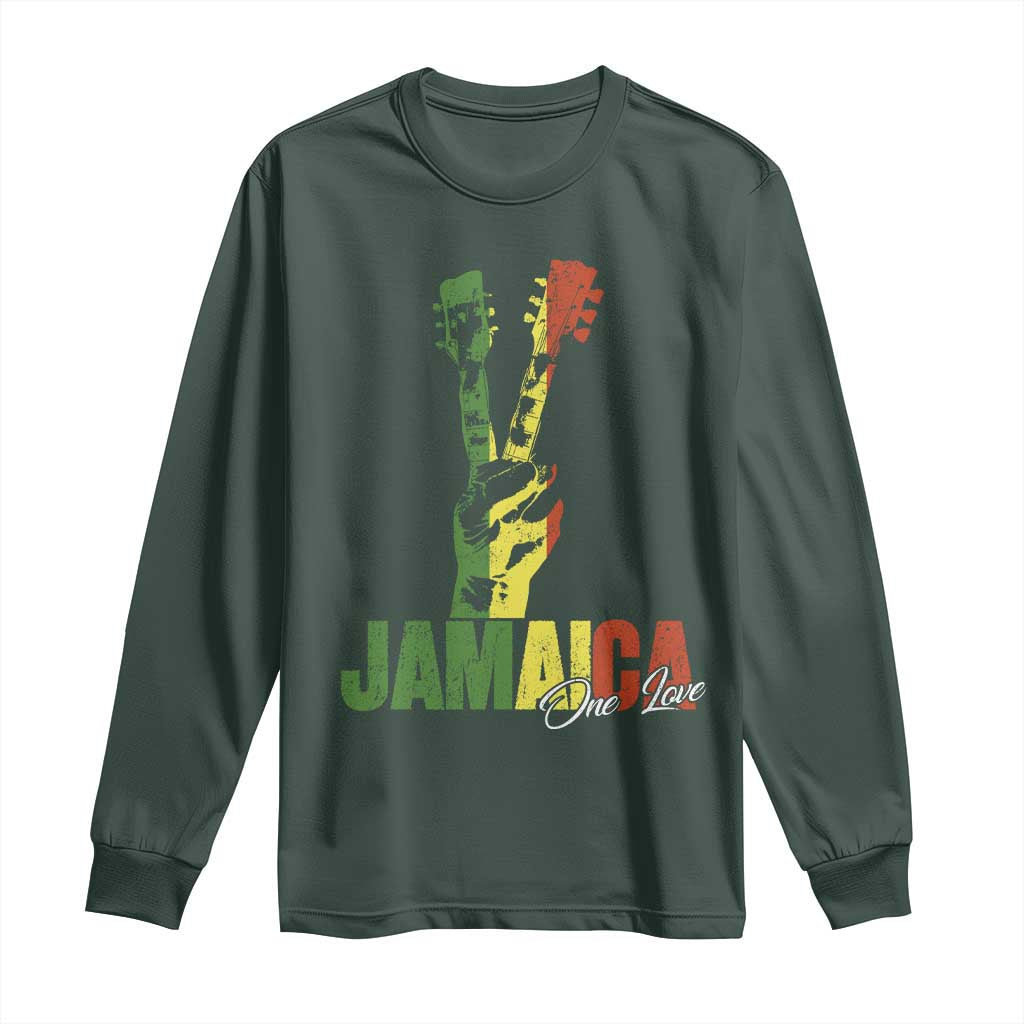Jamaica One Love Reggae Music Long Sleeve Shirt Rasta Peace Hand Guitar TS11 Dark Forest Green Print Your Wear