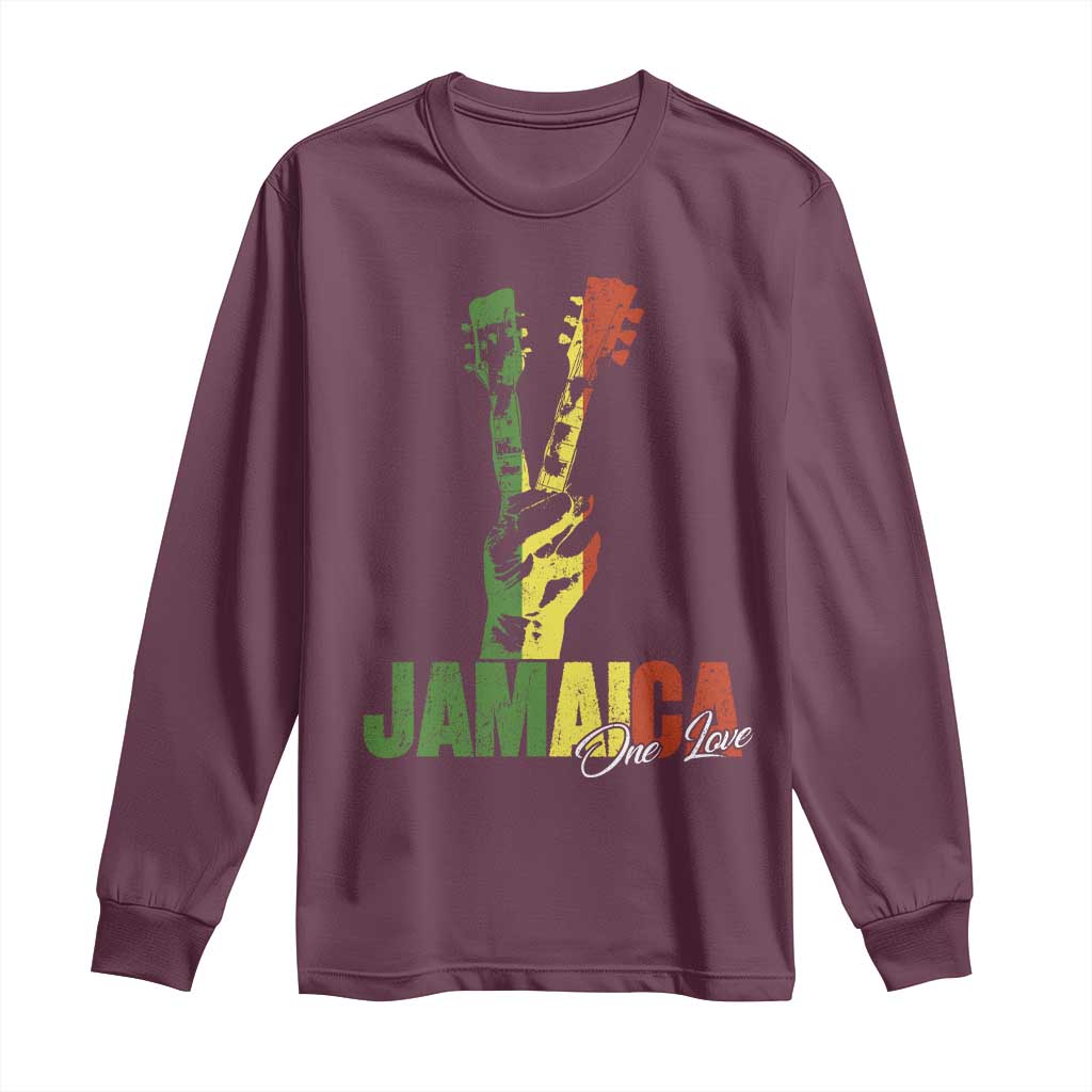 Jamaica One Love Reggae Music Long Sleeve Shirt Rasta Peace Hand Guitar TS11 Maroon Print Your Wear