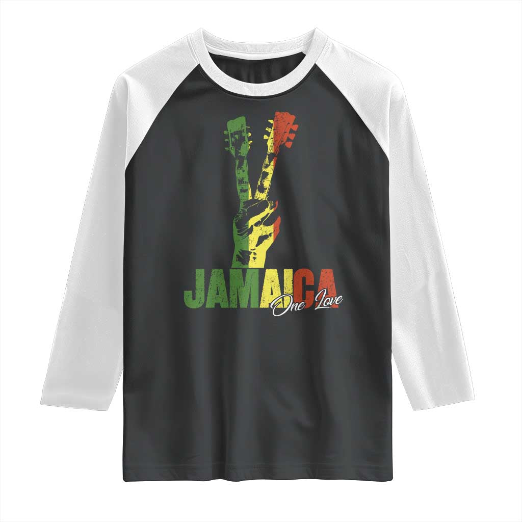 Jamaica One Love Reggae Music Raglan Shirt Rasta Peace Hand Guitar TS11 Black White Print Your Wear
