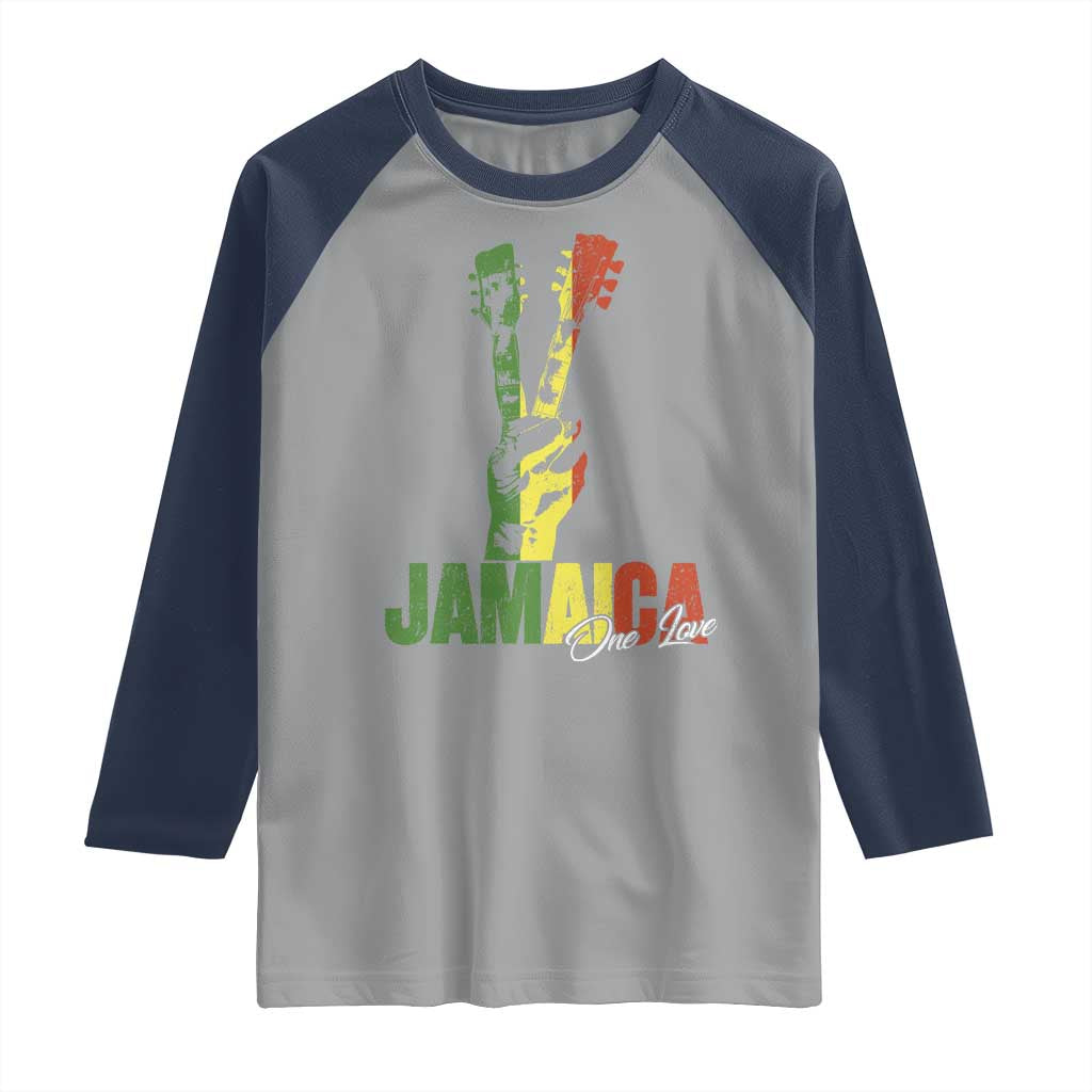 Jamaica One Love Reggae Music Raglan Shirt Rasta Peace Hand Guitar TS11 Sport Gray Navy Print Your Wear