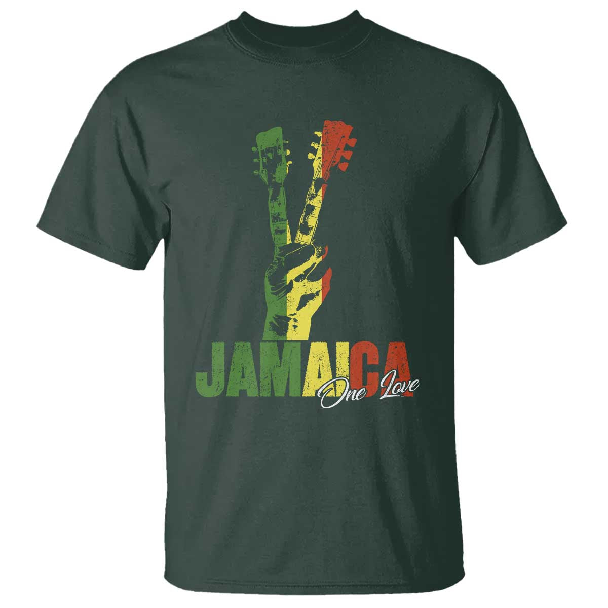 Jamaica One Love Reggae Music T Shirt Rasta Peace Hand Guitar TS11 Dark Forest Green Print Your Wear