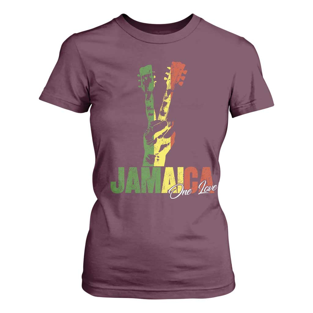 Jamaica One Love Reggae Music T Shirt For Women Rasta Peace Hand Guitar TS11 Maroon Print Your Wear