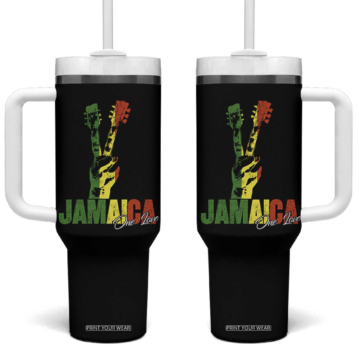 Jamaica One Love Reggae Music Tumbler With Handle Rasta Peace Hand Guitar TS11 One Size: 40 oz Black Print Your Wear