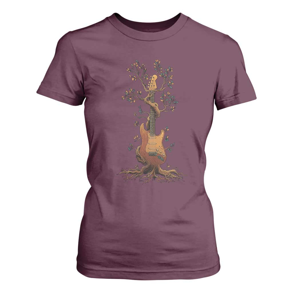 Nature Guitar Tree of Life Guitarist Artistic Roots T Shirt For Women TS11 Maroon Print Your Wear