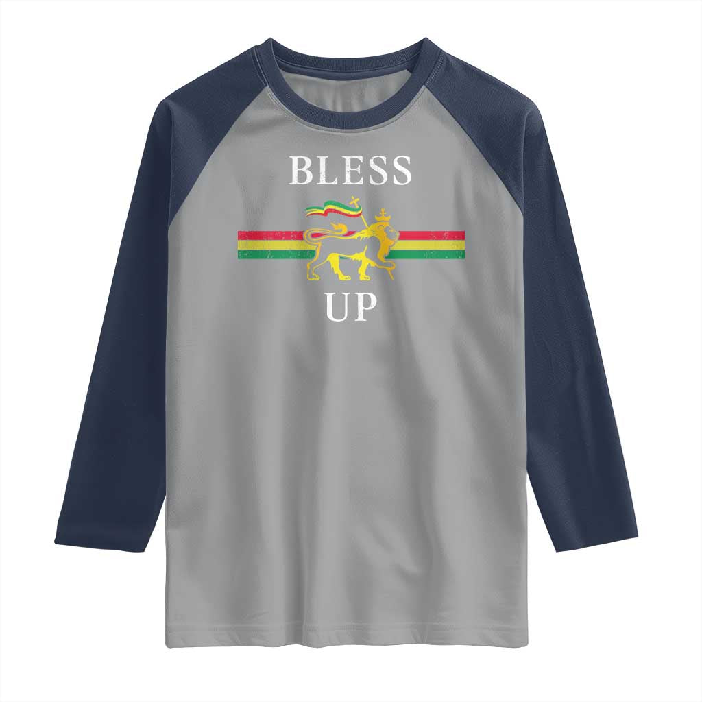 Bless Up Raglan Shirt Rastafari Lion Of Judah Reggae Music TS11 Sport Gray Navy Print Your Wear