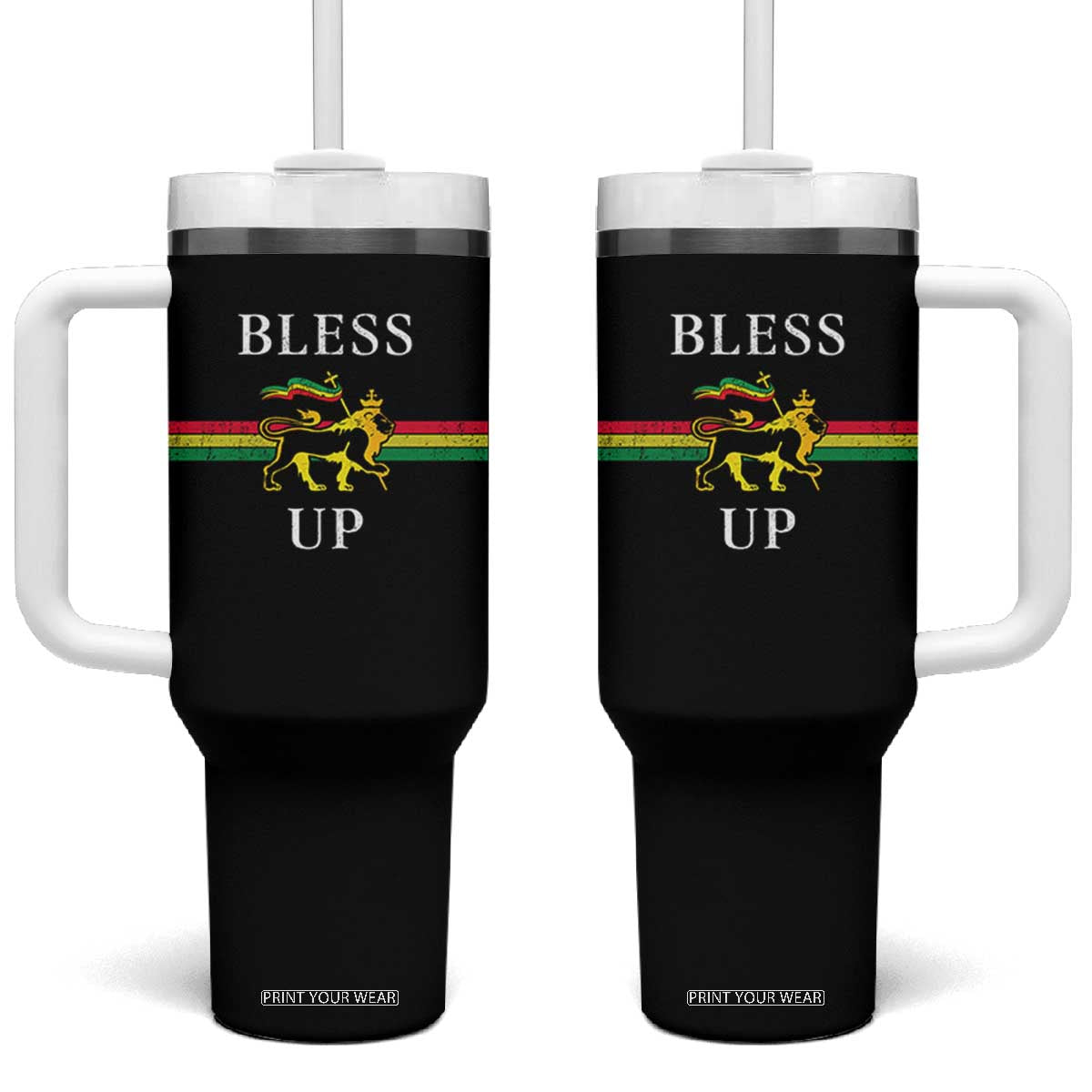 Bless Up Tumbler With Handle Rastafari Lion Of Judah Reggae Music TS11 One Size: 40 oz Black Print Your Wear