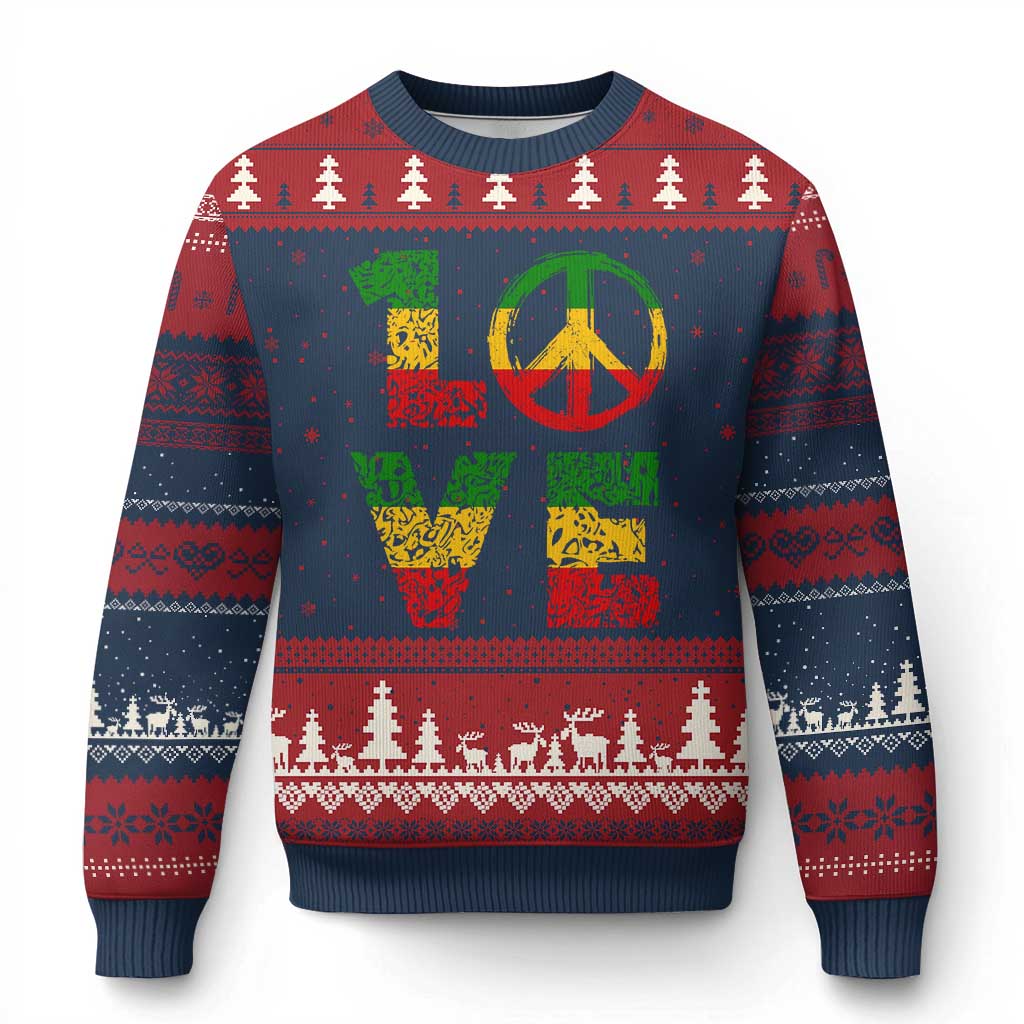 One Love Jamaica Ugly Christmas Sweater Reggae Music Peace Sign Rastafarian TS11 Navy Red Print Your Wear