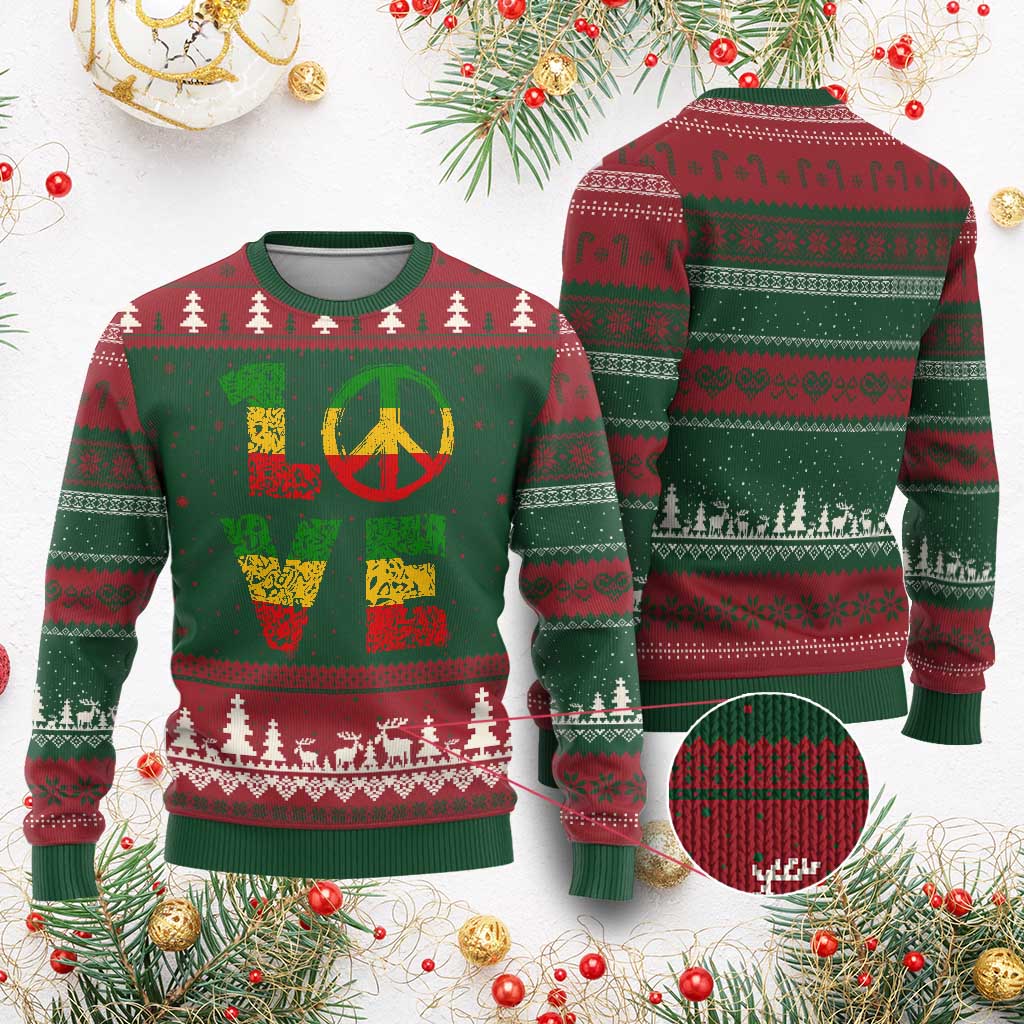 One Love Jamaica Ugly Christmas Sweater Reggae Music Peace Sign Rastafarian TS11 Red Green Print Your Wear