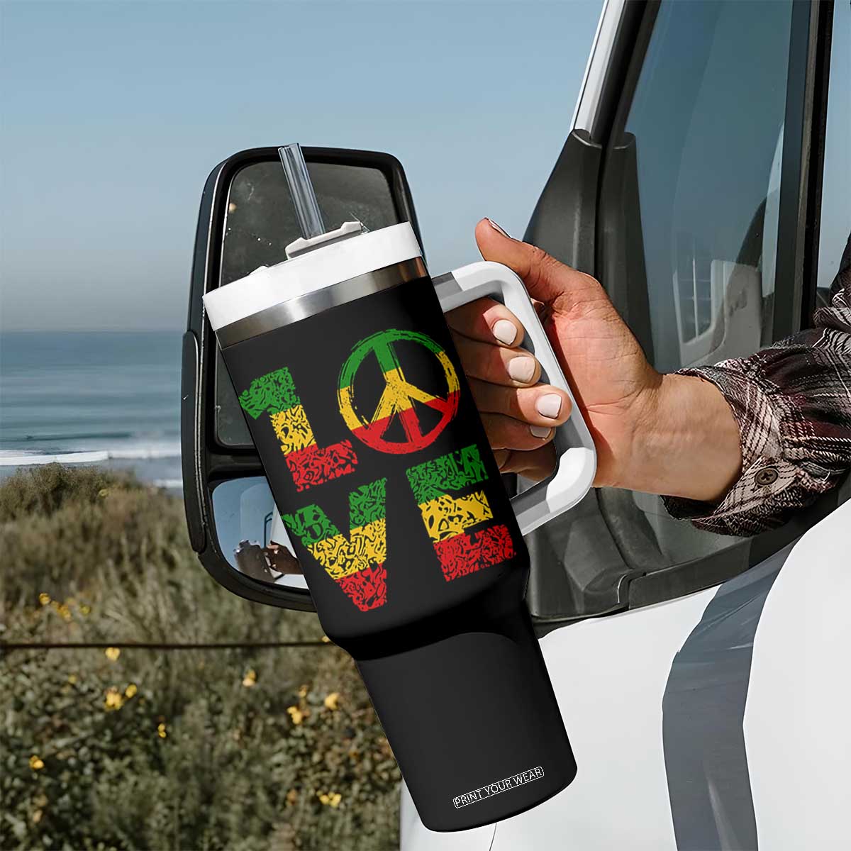 One Love Jamaica Tumbler With Handle Reggae Music Peace Sign Rastafarian TS11 Print Your Wear