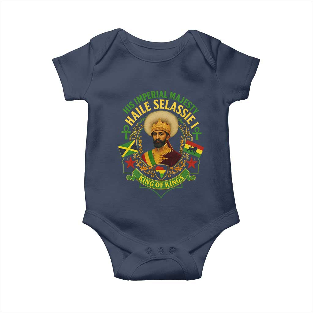 Haile Selassie Baby Onesie King Of Kings His Imperial Majesty Rastafari Flag TS11 Navy Print Your Wear