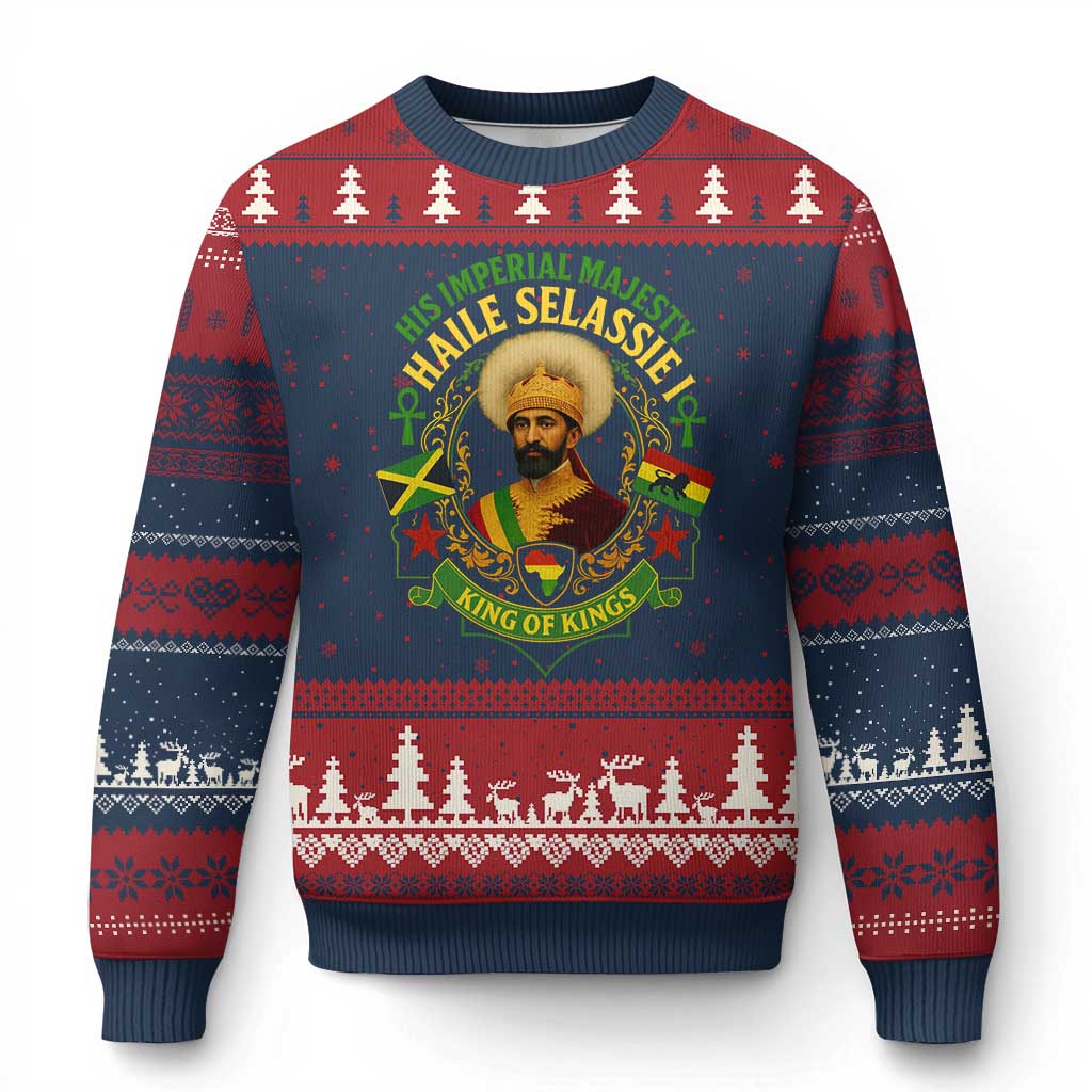 Haile Selassie Ugly Christmas Sweater King Of Kings His Imperial Majesty Rastafari Flag TS11 Navy Red Print Your Wear