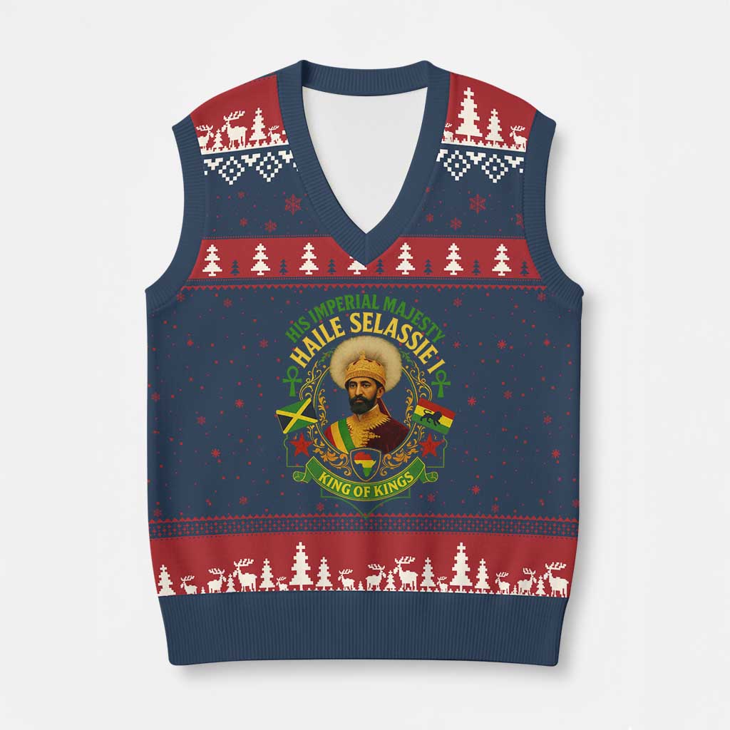 Haile Selassie V-Neck Knit Sweater Vest King Of Kings His Imperial Majesty Rastafari Flag TS11 Navy Red Print Your Wear