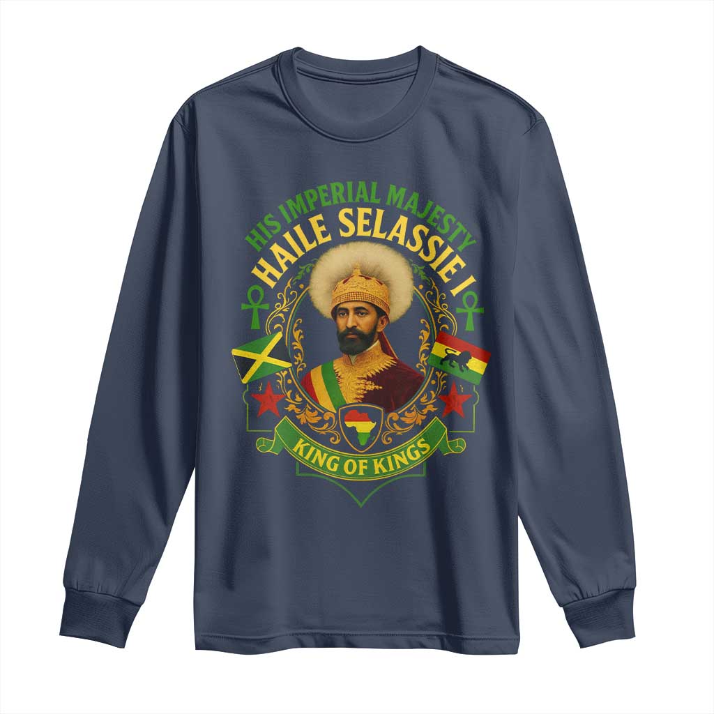 Haile Selassie Long Sleeve Shirt King Of Kings His Imperial Majesty Rastafari Flag TS11 Navy Print Your Wear