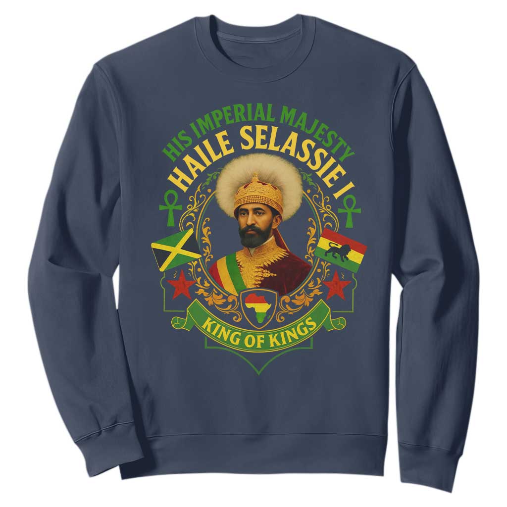 Haile Selassie Sweatshirt King Of Kings His Imperial Majesty Rastafari Flag TS11 Navy Print Your Wear