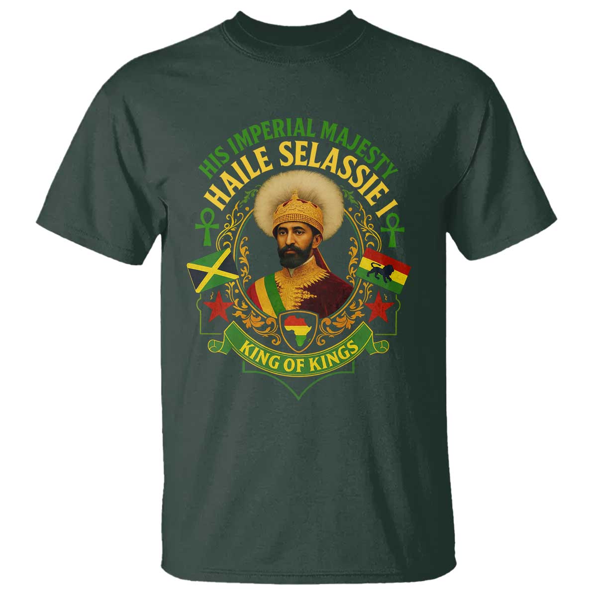 Haile Selassie T Shirt King Of Kings His Imperial Majesty Rastafari Flag TS11 Dark Forest Green Print Your Wear