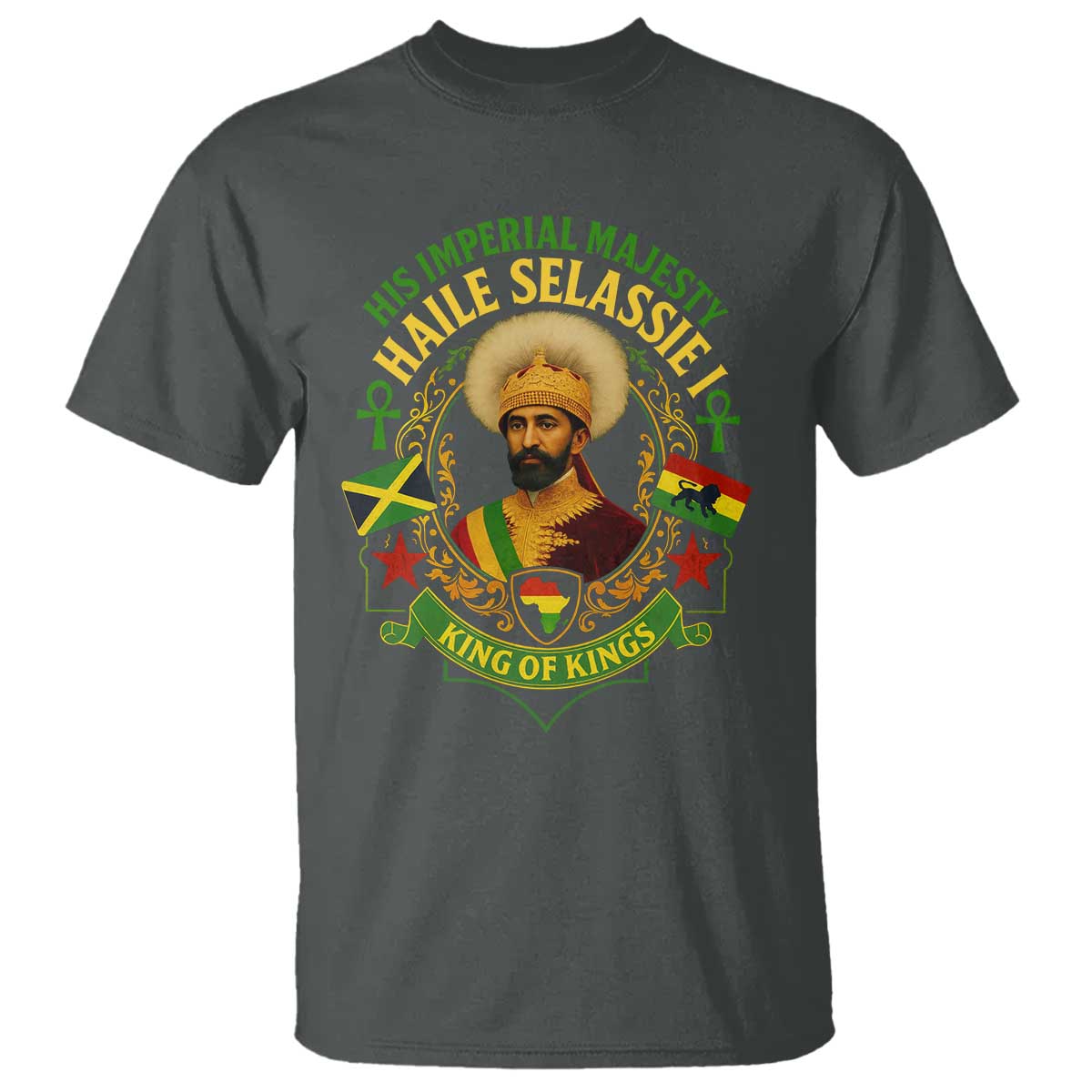 Haile Selassie T Shirt King Of Kings His Imperial Majesty Rastafari Flag TS11 Dark Heather Print Your Wear
