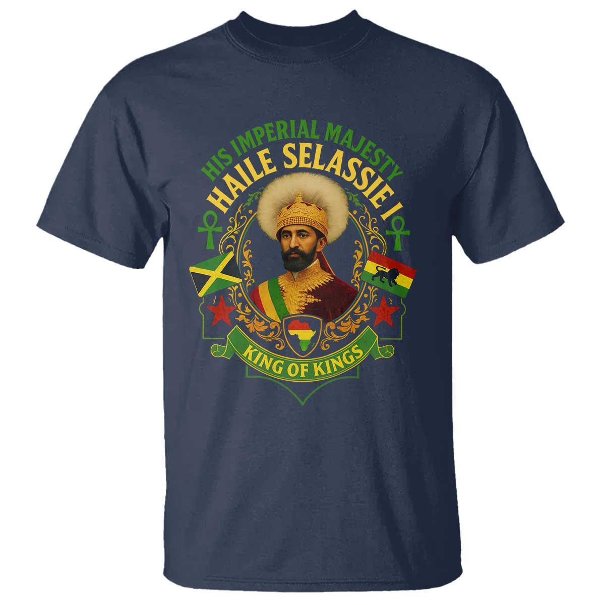 Haile Selassie T Shirt King Of Kings His Imperial Majesty Rastafari Flag TS11 Navy Print Your Wear
