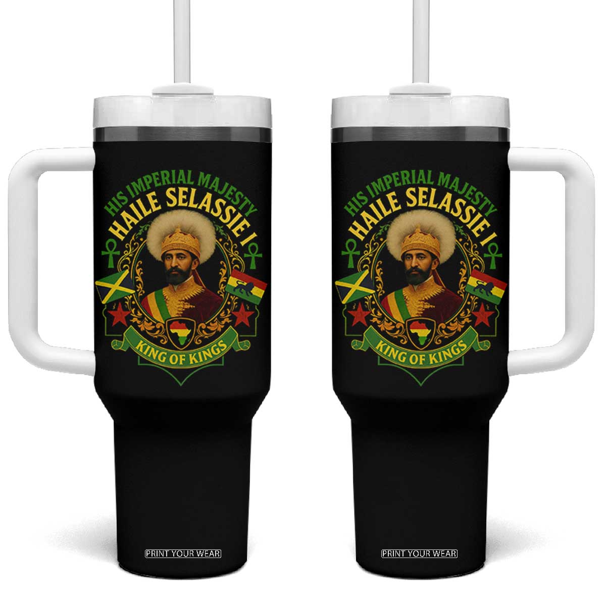Haile Selassie Tumbler With Handle King Of Kings His Imperial Majesty Rastafari Flag TS11 One Size: 40 oz Black Print Your Wear