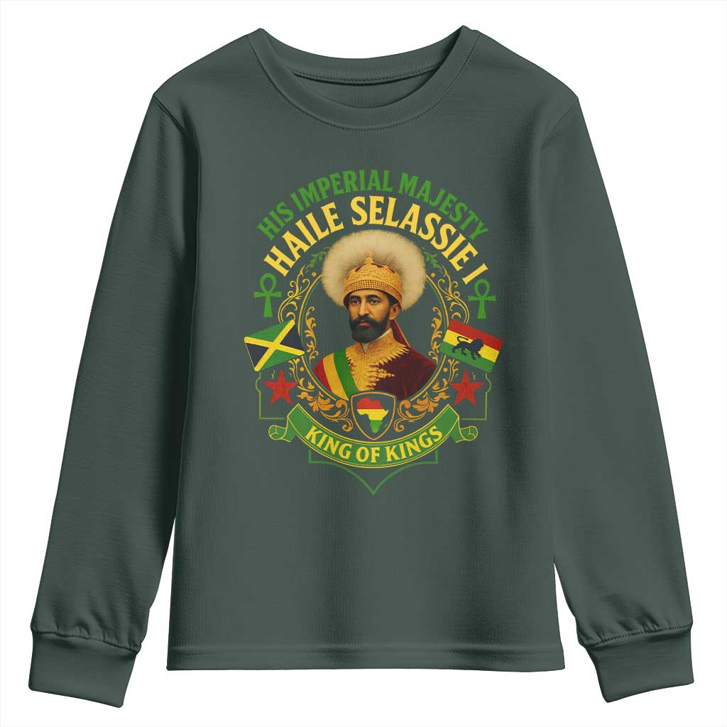 Haile Selassie Youth Sweatshirt King Of Kings His Imperial Majesty Rastafari Flag TS11 Dark Forest Green Print Your Wear