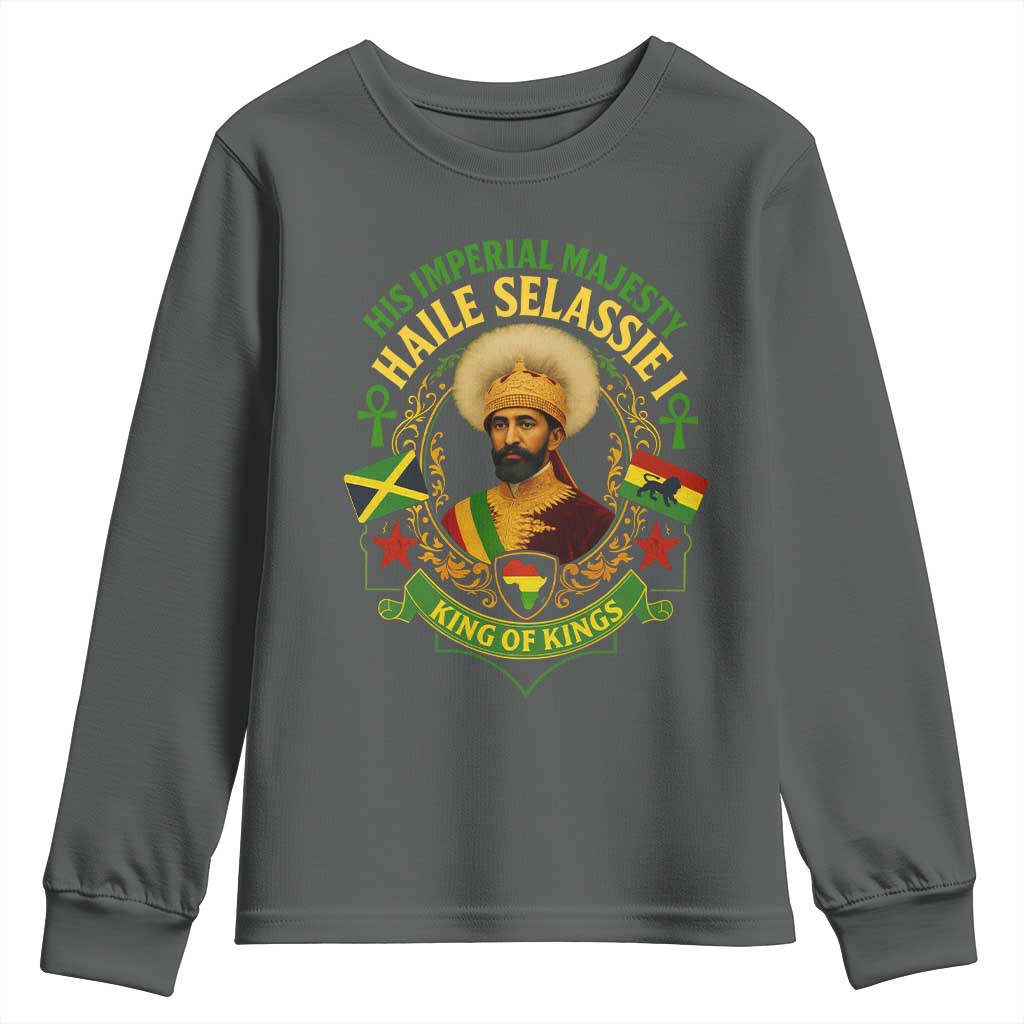 Haile Selassie Youth Sweatshirt King Of Kings His Imperial Majesty Rastafari Flag TS11 Dark Heather Print Your Wear