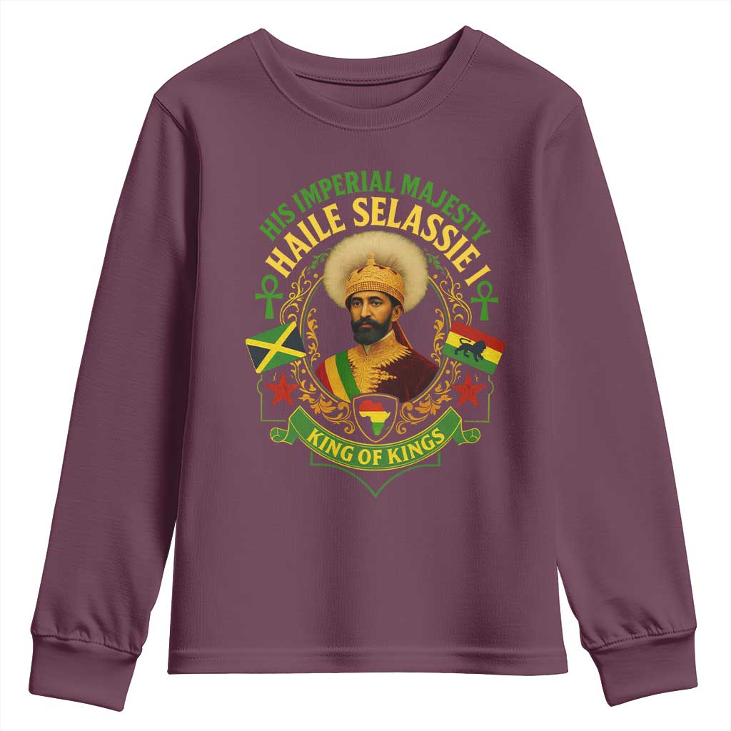 Haile Selassie Youth Sweatshirt King Of Kings His Imperial Majesty Rastafari Flag TS11 Maroon Print Your Wear