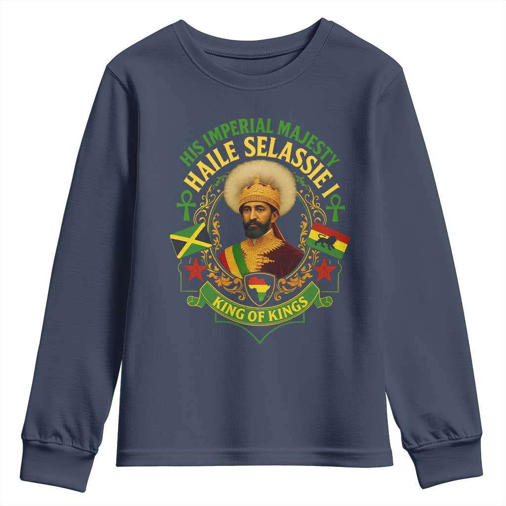 Haile Selassie Youth Sweatshirt King Of Kings His Imperial Majesty Rastafari Flag TS11 Navy Print Your Wear