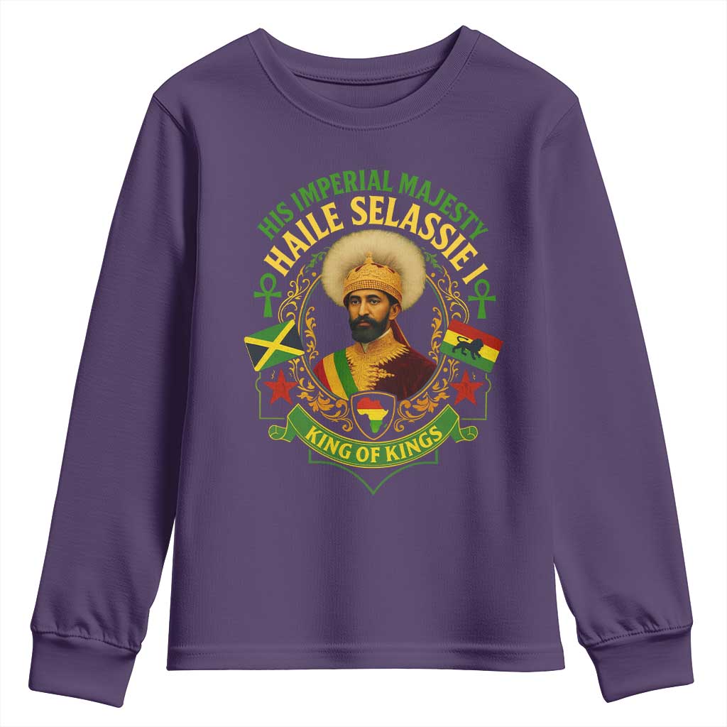 Haile Selassie Youth Sweatshirt King Of Kings His Imperial Majesty Rastafari Flag TS11 Purple Print Your Wear