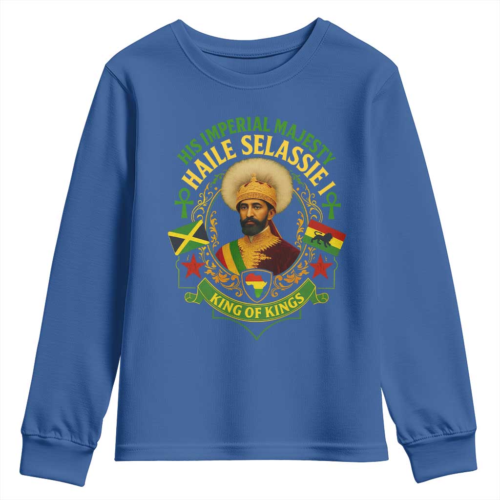 Haile Selassie Youth Sweatshirt King Of Kings His Imperial Majesty Rastafari Flag TS11 Royal Blue Print Your Wear