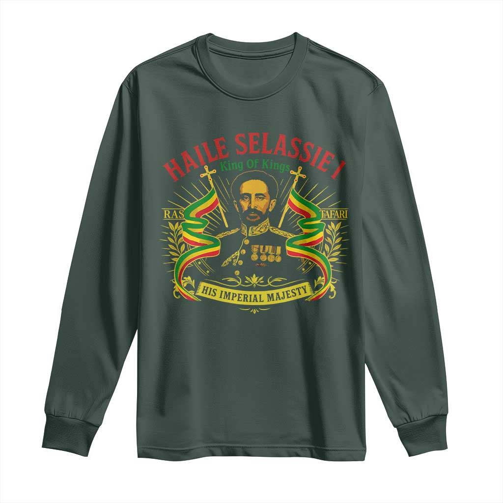 Haile Selassie Long Sleeve Shirt Ras Tafari King Of Kings His Imperial Majesty TS11 Dark Forest Green Print Your Wear