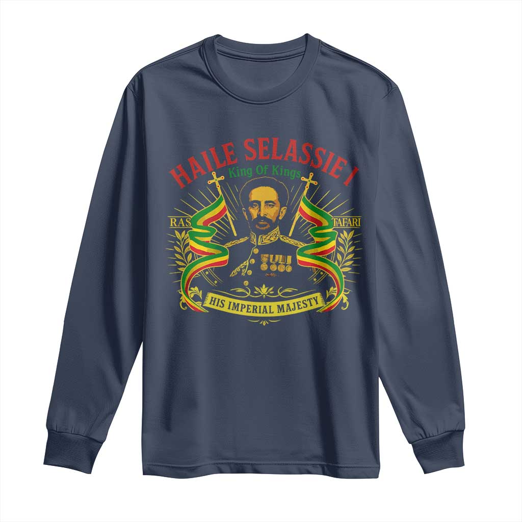 Haile Selassie Long Sleeve Shirt Ras Tafari King Of Kings His Imperial Majesty TS11 Navy Print Your Wear