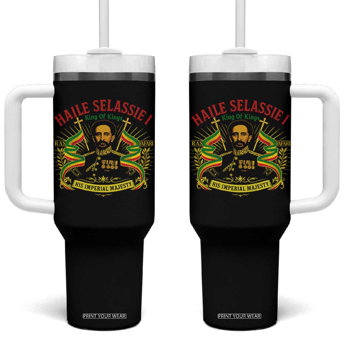 Haile Selassie Tumbler With Handle Ras Tafari King Of Kings His Imperial Majesty TS11 One Size: 40 oz Black Print Your Wear