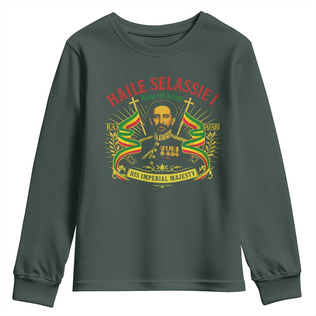Haile Selassie Youth Sweatshirt Ras Tafari King Of Kings His Imperial Majesty TS11 Dark Forest Green Print Your Wear