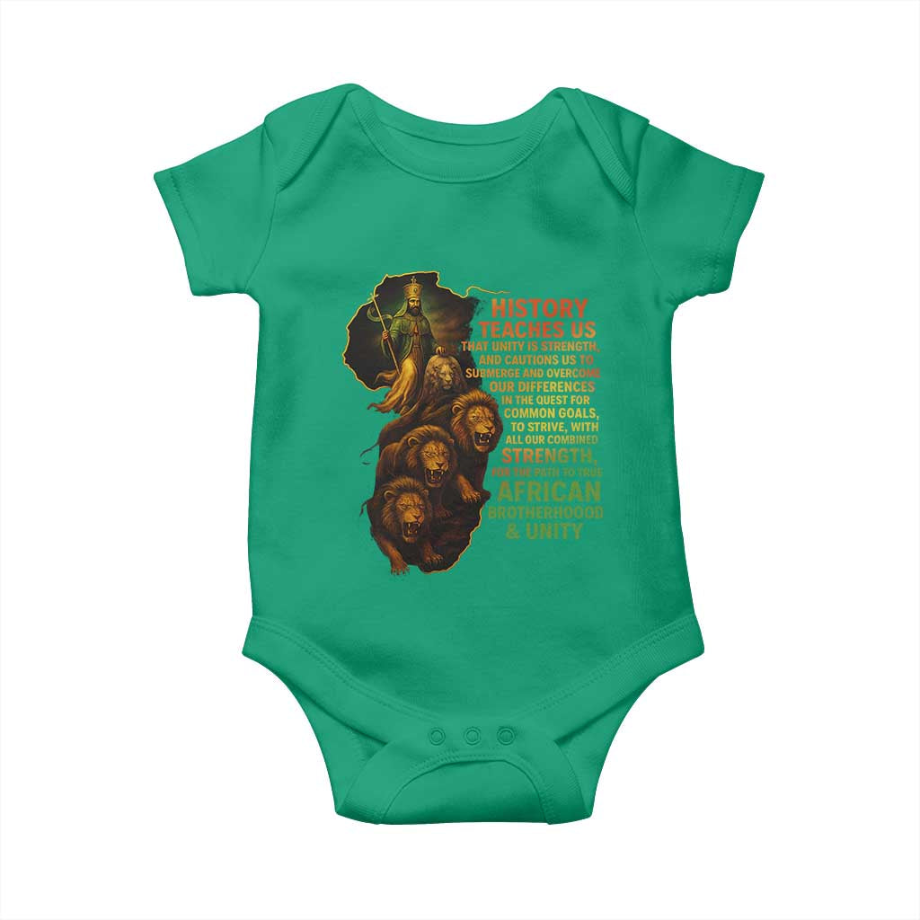 Haile Selassie Quotes Baby Onesie History Teaches Us That Unity Is Strength Rasta Lions of Judah TS11 Irish Green Print Your Wear