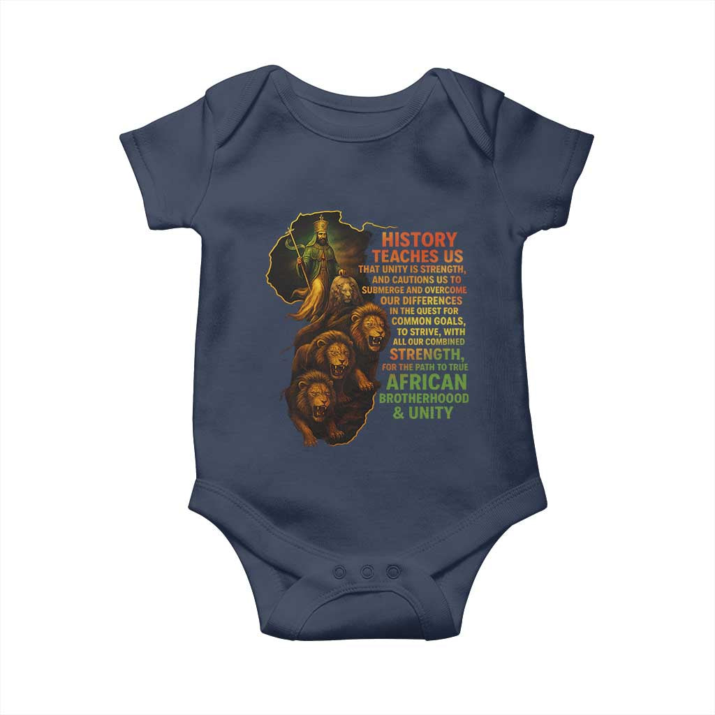 Haile Selassie Quotes Baby Onesie History Teaches Us That Unity Is Strength Rasta Lions of Judah TS11 Navy Print Your Wear