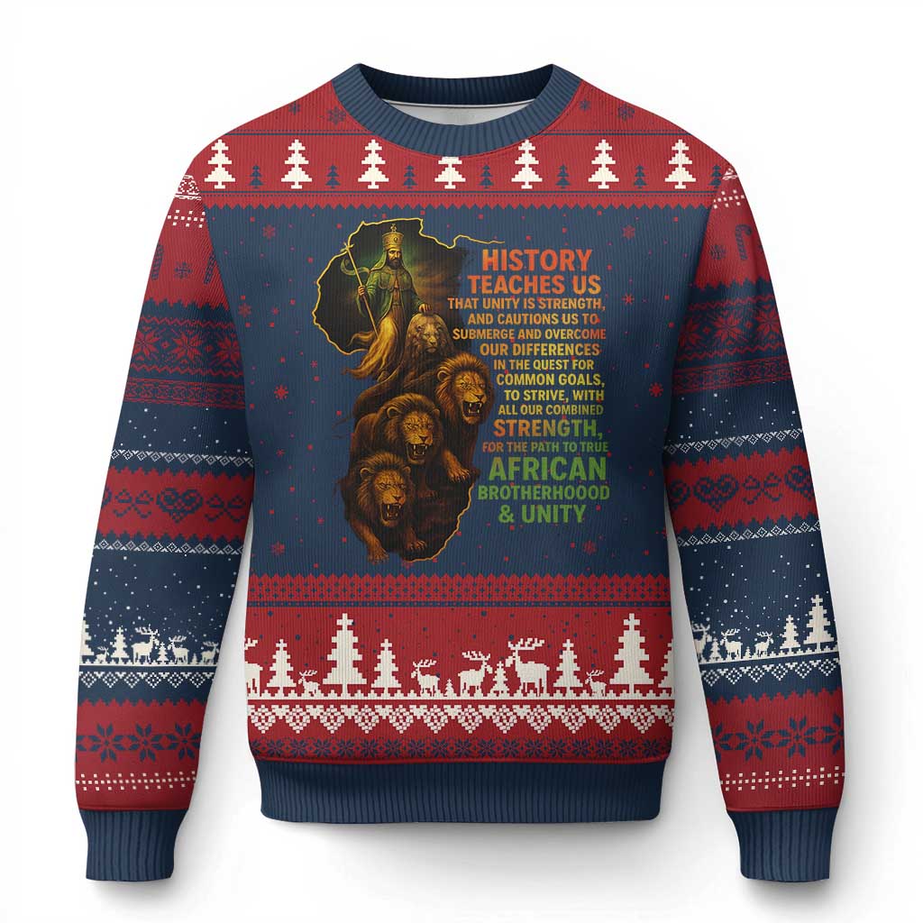 Haile Selassie Quotes Ugly Christmas Sweater History Teaches Us That Unity Is Strength Rasta Lions of Judah - Print Your Wear