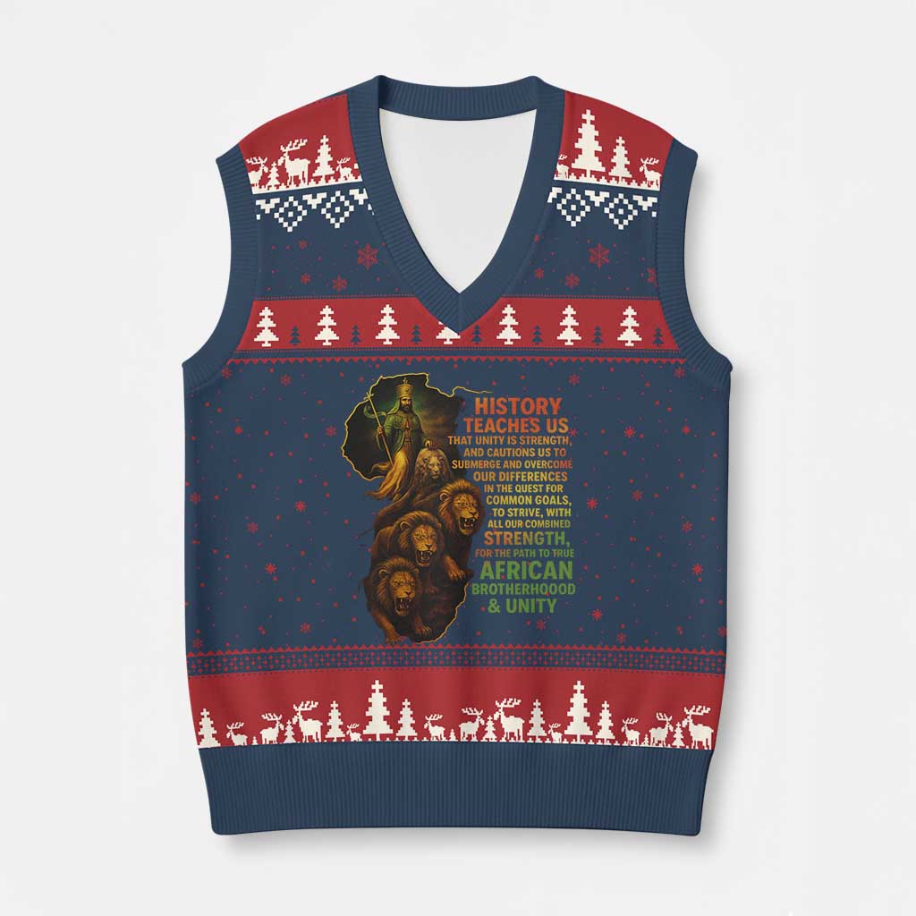 Haile Selassie Quotes V-Neck Knit Sweater Vest History Teaches Us That Unity Is Strength Rasta Lions of Judah TS11 Navy Red Print Your Wear