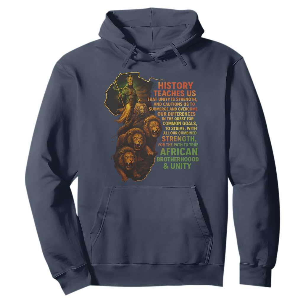 Haile Selassie Quotes Hoodie History Teaches Us That Unity Is Strength Rasta Lions of Judah TS11 Navy Print Your Wear