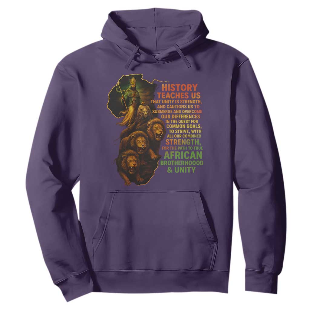 Haile Selassie Quotes Hoodie History Teaches Us That Unity Is Strength Rasta Lions of Judah TS11 Purple Print Your Wear