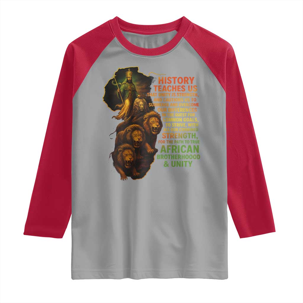 Haile Selassie Quotes Raglan Shirt History Teaches Us That Unity Is Strength Rasta Lions of Judah TS11 Sport Gray Red Print Your Wear