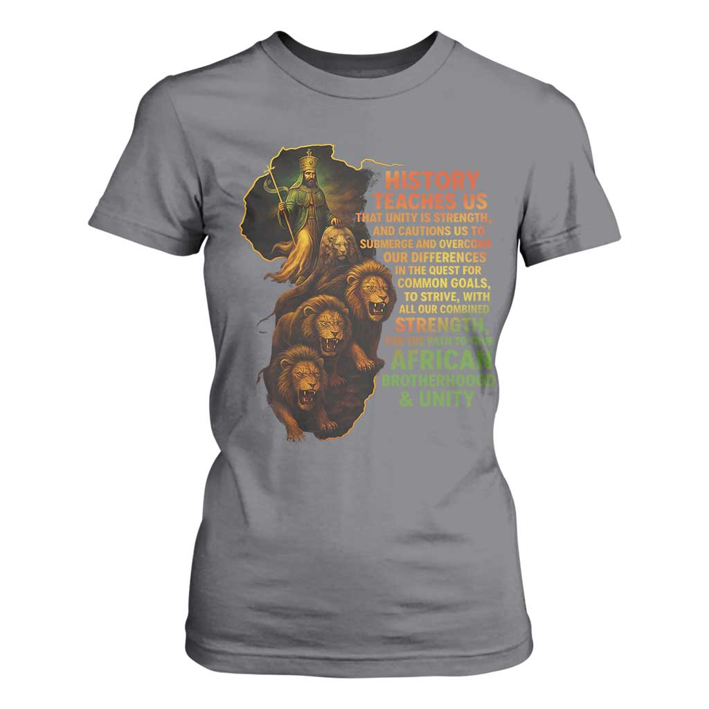 Haile Selassie Quotes T Shirt For Women History Teaches Us That Unity Is Strength Rasta Lions of Judah TS11 Charcoal Print Your Wear