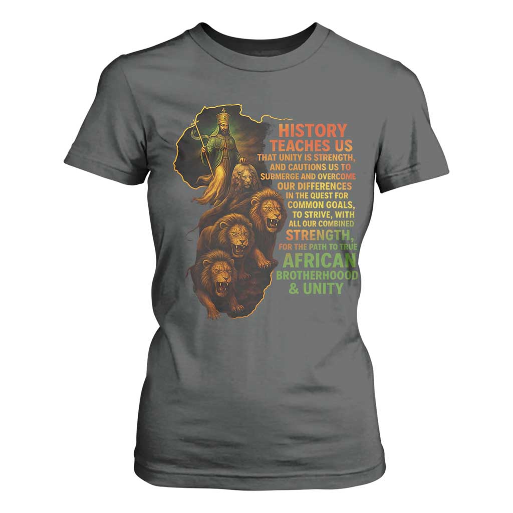 Haile Selassie Quotes T Shirt For Women History Teaches Us That Unity Is Strength Rasta Lions of Judah TS11 Dark Heather Print Your Wear