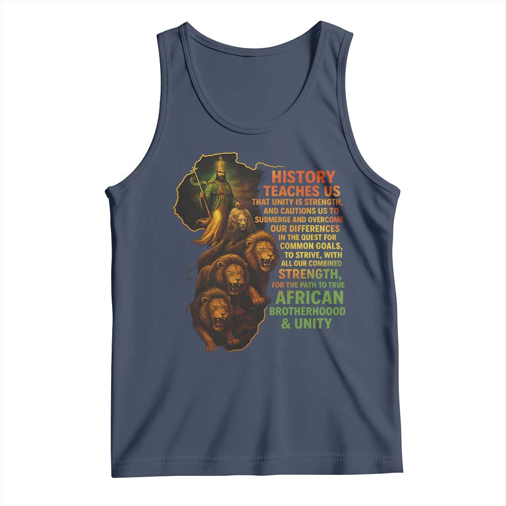 Haile Selassie Quotes Tank Top History Teaches Us That Unity Is Strength Rasta Lions of Judah TS11 Navy Print Your Wear