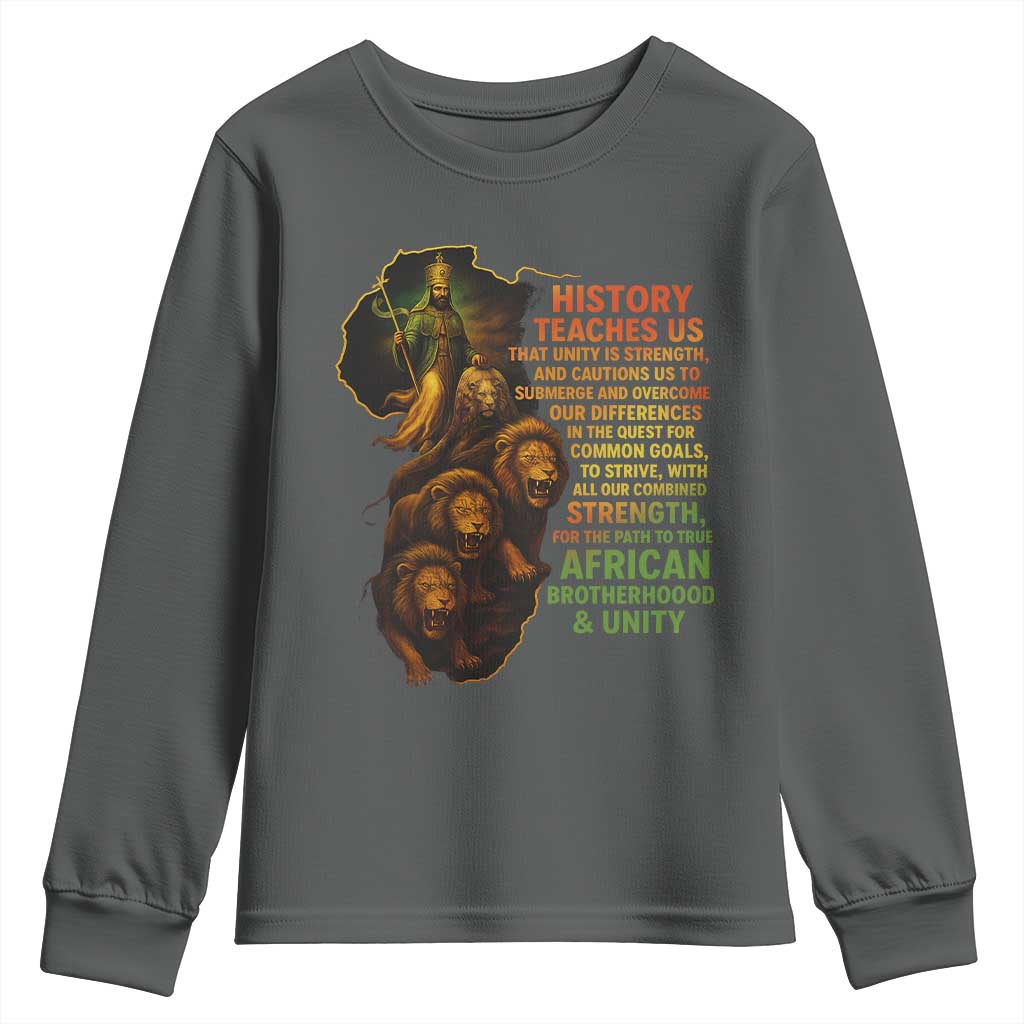 Haile Selassie Quotes Youth Sweatshirt History Teaches Us That Unity Is Strength Rasta Lions of Judah TS11 Dark Heather Print Your Wear