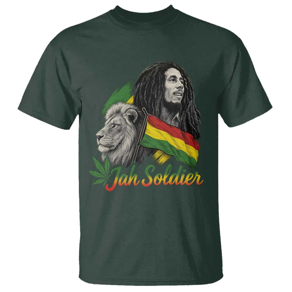 Jah Soldier T Shirt Lion Of Judah Reggae Rastafari Flag TS11 Dark Forest Green Print Your Wear