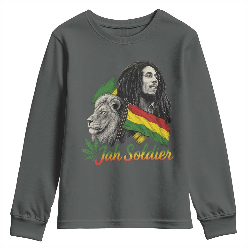 Jah Soldier Youth Sweatshirt Lion Of Judah Reggae Rastafari Flag TS11 Dark Heather Print Your Wear