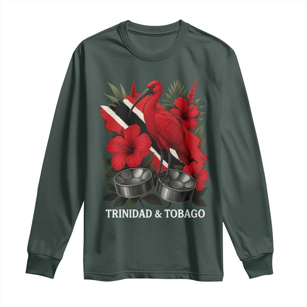 Trinidadian and Tobagonian Pride Long Sleeve Shirt Trinidadian Roots Scarlet Ibis Steelpans TS11 Dark Forest Green Print Your Wear