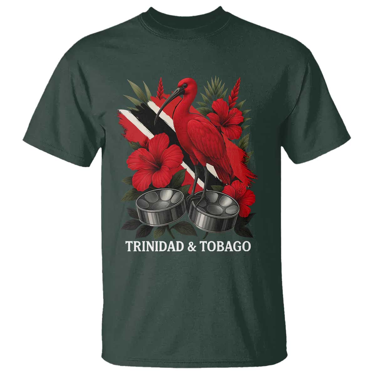 Trinidadian and Tobagonian Pride T Shirt Trinidadian Roots Scarlet Ibis Steelpans TS11 Dark Forest Green Print Your Wear