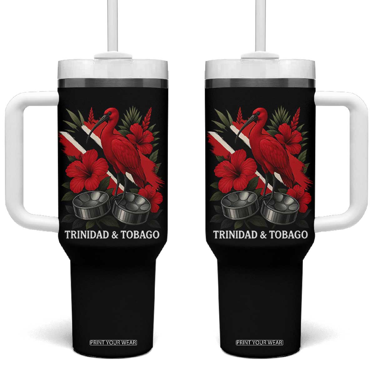 Trinidadian and Tobagonian Pride Tumbler With Handle Trinidadian Roots Scarlet Ibis Steelpans TS11 One Size: 40 oz Black Print Your Wear