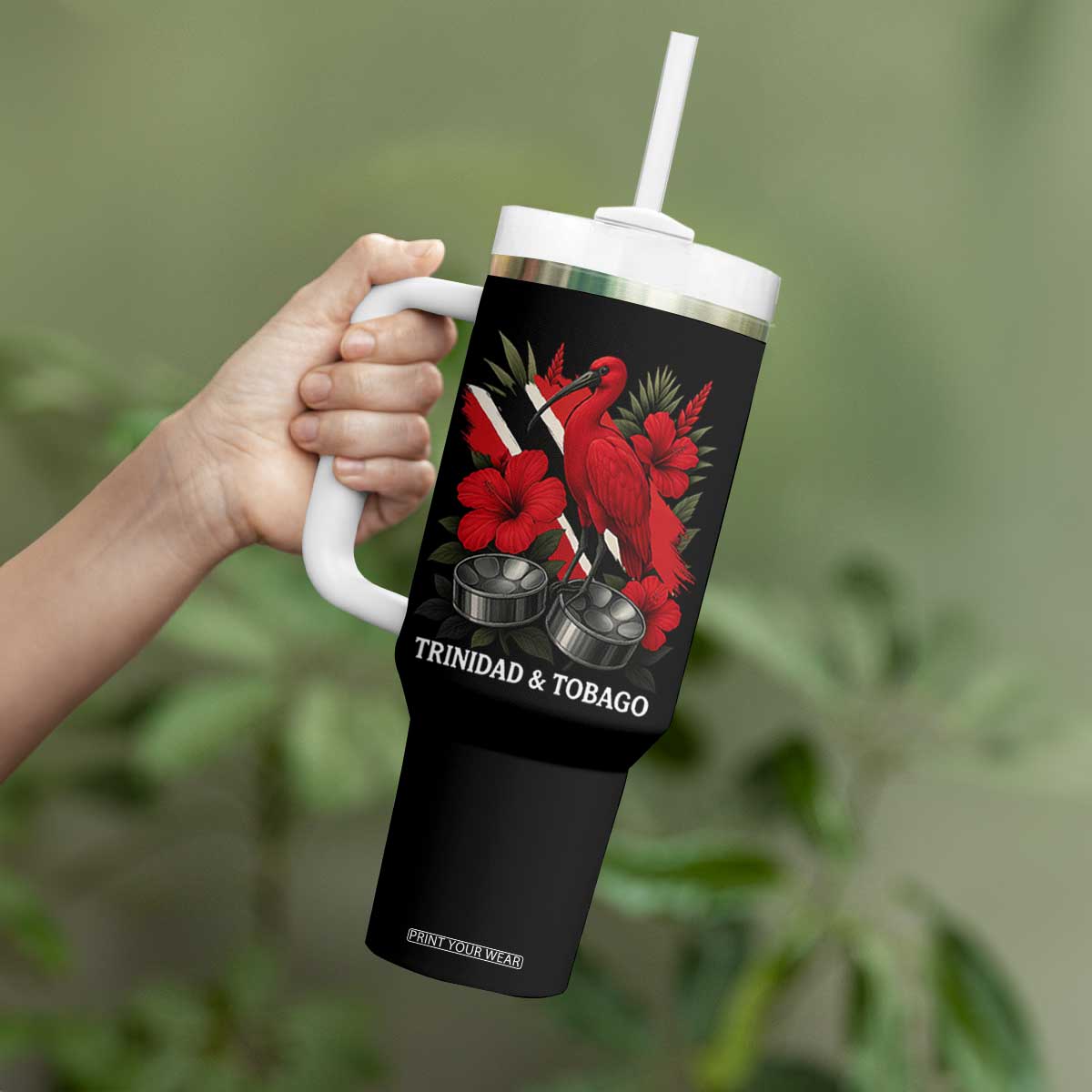 Trinidadian and Tobagonian Pride Tumbler With Handle Trinidadian Roots Scarlet Ibis Steelpans TS11 Print Your Wear