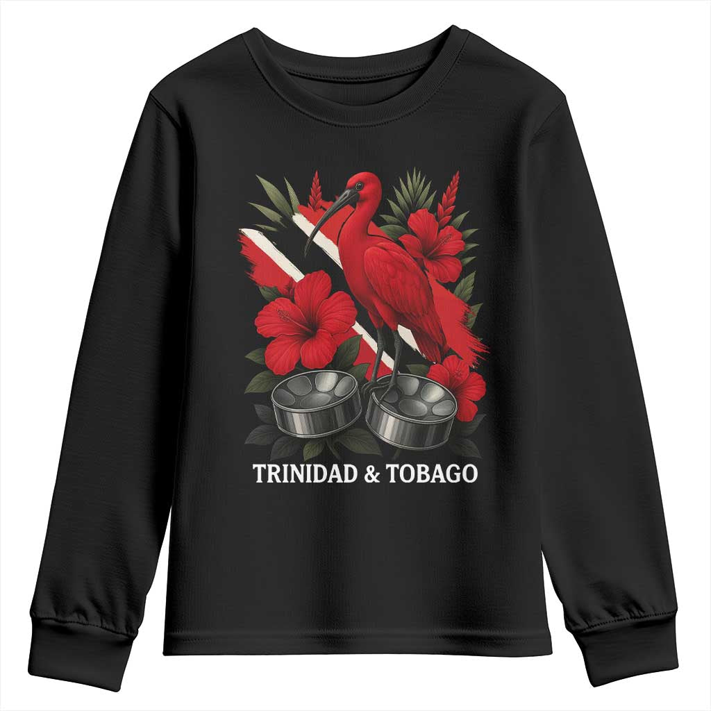 Trinidadian and Tobagonian Pride Youth Sweatshirt Trinidadian Roots Scarlet Ibis Steelpans TS11 Black Print Your Wear